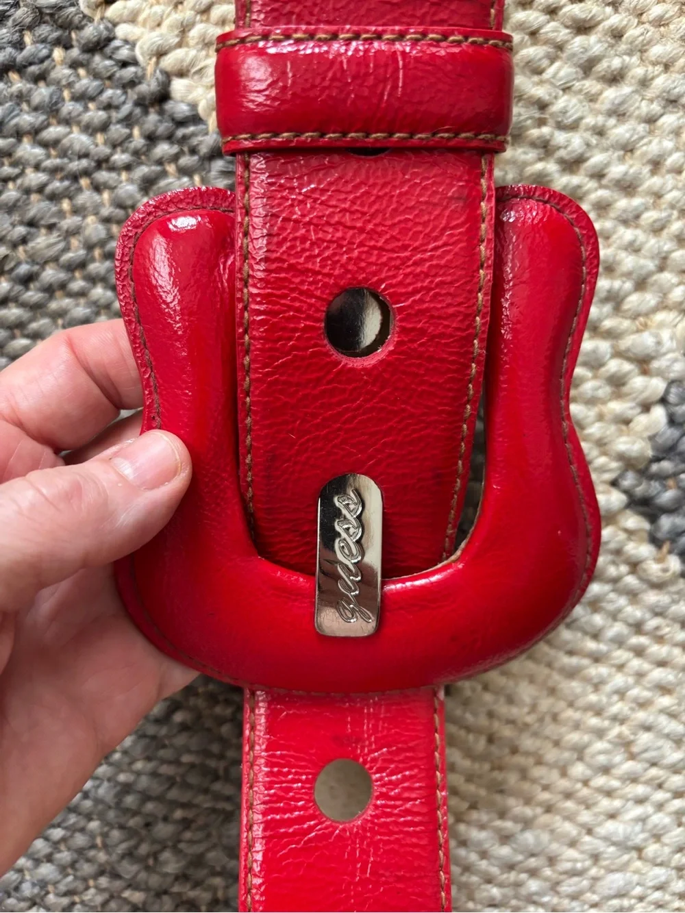 Guess Red Leather Wide Women's Belt with Branded Silver Buckle